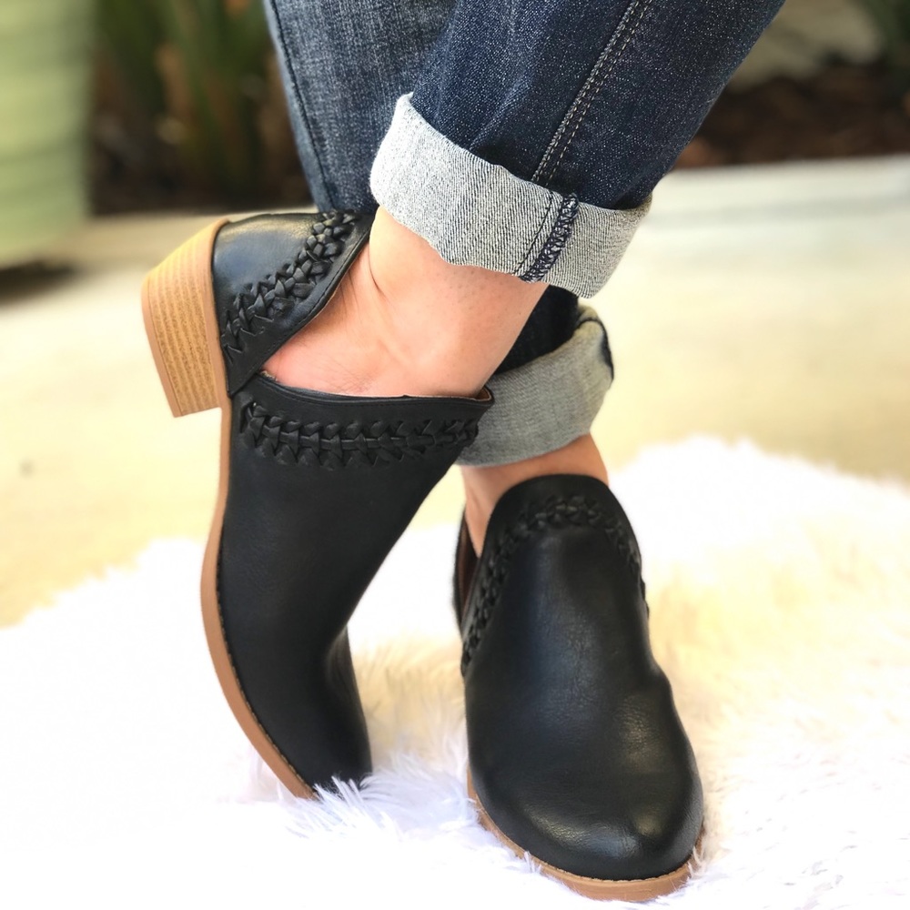 Qupid Black Ankle Booties with Tan Sole